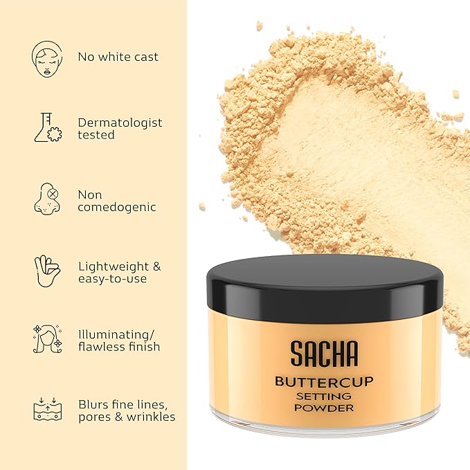 Sacha BUTTERCUP Setting Powder Makeup 1.75 Oz. Translucent Setting Powder for Oily Skin Finishing Powder Loose Powder Makeup Blurring Powder Blurs Fine Lines and Pores For Medium to Dark Skin Tones-VivaGrace Women