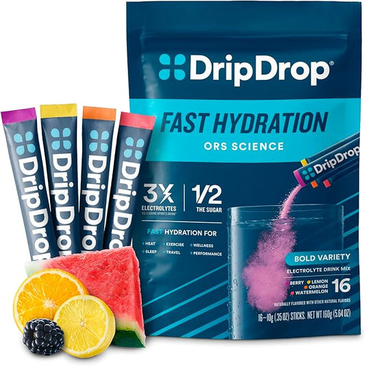 DripDrop Hydration Packets - Bold Variety Pack - Single Serve Electrolytes Powder Drink Mix - Watermelon, Berry, Lemon, Orange - Non-GMO, Gluten Free, Vegan - 16 Sticks-VivaGrace Women