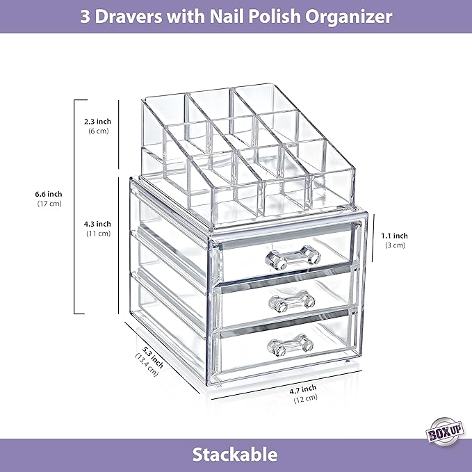 Boxup Makeup Organizer 3 Drawers,Makeup Organizers For Nail Polishers Clear Cosmetic Display Cases Stackable Storage Box With 3 Drawers For Vanity-VivaGrace Women
