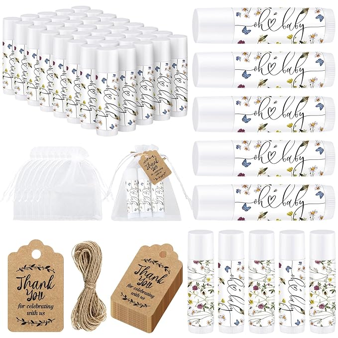 Demissle 50 Pcs Baby Shower Lip Balm Gift Set with 100 Pcs Organza Bags Baby Shower Party Favor for Guest Thank You Tag Rope Baby Shower Party Decoration Gender Reveal Souvenirs(Purple Flower)-VivaGrace Women
