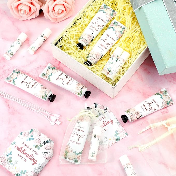 25 Set Wedding Lip Balms and Hand Cream Gift Set Include 25 Moisturizing Hand Care Cream 25 Lip Balms with Thank You Cards and Bags Bridesmaid Gift Set for Bridal Shower Wedding(Floral)-VivaGrace Women