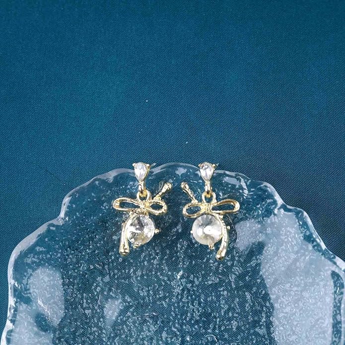 Vintage Rhinestone Bow Drop Earrings Gold Teardrop Crystal Earrings Round Cut Stud Earrings Bow Crystal Bridal Earrings Jewelry for Women-VivaGrace Women