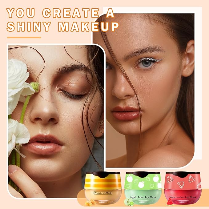 3PCS Bee Lip Balm Honey Pot Honey Watermelon Green Apple Lip Balm Lip Sleeping Mask Moisturizing Hydrating Bee Lip Balm Lip Care Products for All Skin Types (Honey Watermelon Green Apple)-VivaGrace Women