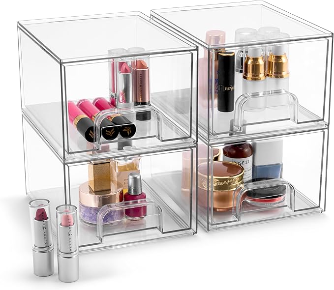Sorbus Acrylic Storage Containers - 4 Pack, Stackable Storage Bins Set for Bathroom Organization - Clear Acrylic Drawer Organizers - Makeup Case Pull-Out Drawers (4.4’’ Tall)-VivaGrace Women