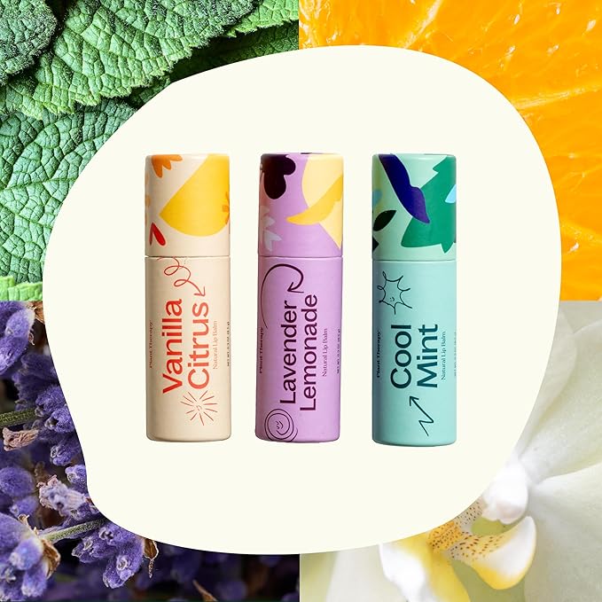 Plant Therapy Love Your Lips Lip Balm Trio Set 0.9 oz (25.5 g) Simple, Natural Ingredients & Packaged in Eco-Friendly Recyclable Cardboard, Refreshing Flavors Including: Lavender Lemonade, Vanilla Citrus, Cool Mint-VivaGrace Women