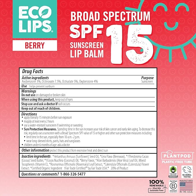 Eco Lips Classic Variety Broad Spectrum Sunscreen Lip Balm 6-Pack (Berry, Sport, Mint) - 100% Plastic-Free Plant Pod Packaging - Made in USA-VivaGrace Women