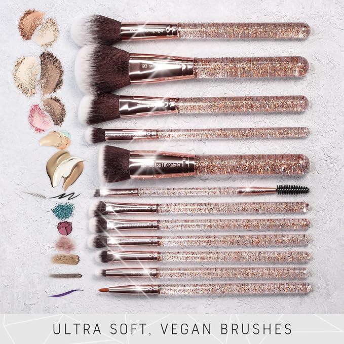 Niré Beauty 15piece Award Winning Glitter Makeup Brushes: Cute Makeup Brushes Set with Case, Beauty Blender, Cleaner, Guide, Gift Box-VivaGrace Women