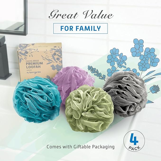 Spongentle Premium Deep Cleansing Loofah Sponge for Radiant Skin, Pack of 4, Bath and Shower, Exfoliating Body Scrubber, Beautiful Colors for Women and Men-VivaGrace Women