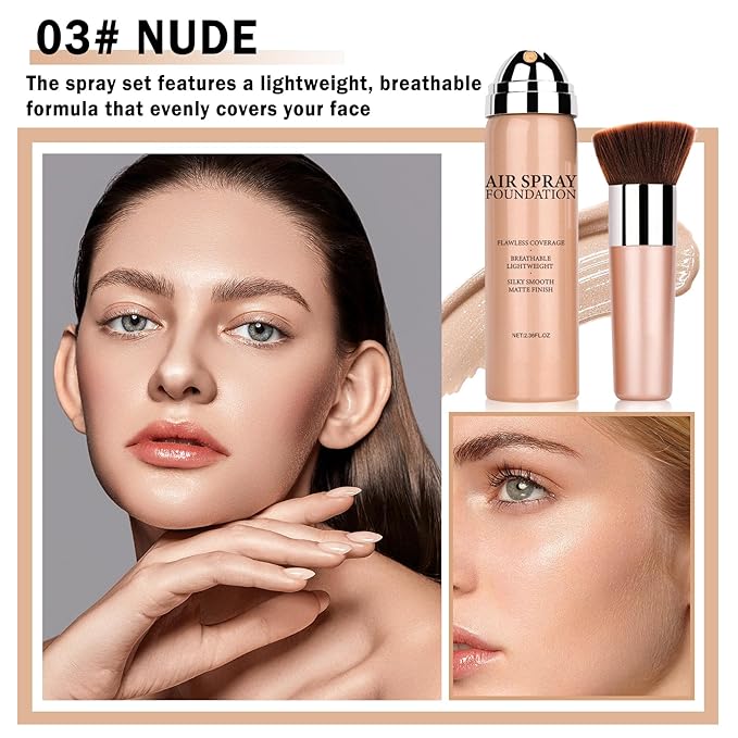 NVLEPTAP Airbrush Foundation Makeup Spray Silky Lightweight Full Coverage Foundation Face Air Cushion Foundation Set with Soft Makeup Brush - 03 Nude-VivaGrace Women