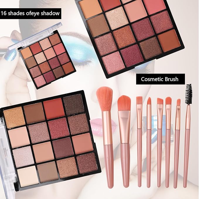 All in One Makeup Kit For Women Girls Teens 2x16 Colors Eyeshadow Palette Liquid Foundation Eyeliner Pencils Contouring Stick Lip Gloss Eyebrow Pencils Mascara Powder Puff Makeup Brushes Makeup sets-VivaGrace Women