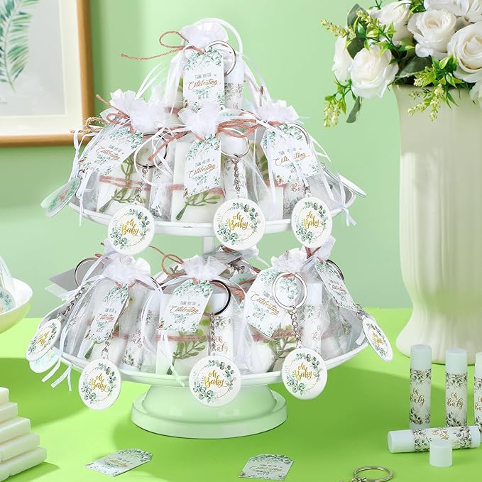 60 Sets 360 Pcs Lip Balm Soap Keychain Favors Eucalyptus Greenery Baby Shower Favors with Organza Bag Gift Card Faux Eucalyptus Greenery for Baby Shower Gift Gender Reveal Guest Prize-VivaGrace Women