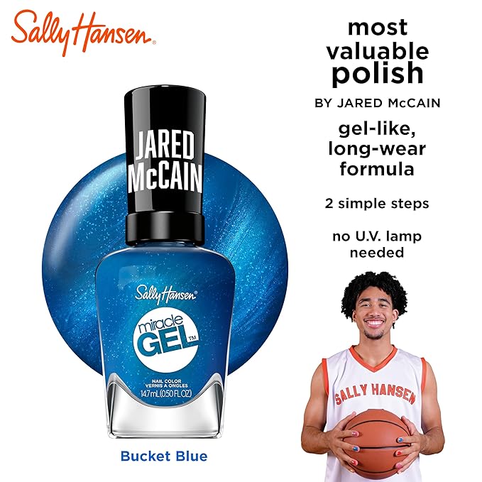 Sally Hansen Miracle Gel™ x Jared McCain, Bucket Blue, Long Lasting, Gel-Like Formula, No UV Lamp Needed, Blue Nail Polish