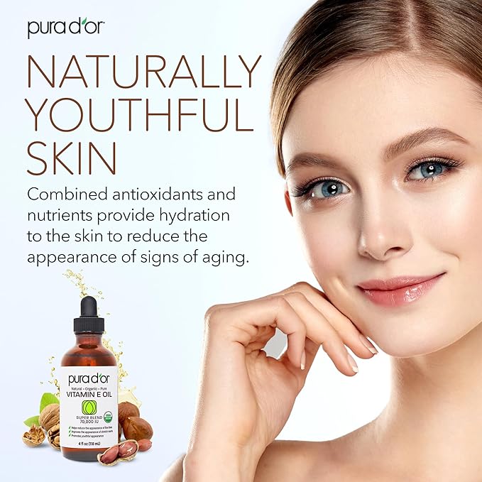 PURA D'OR 4 Oz ORGANIC Vitamin E Oil Blend - 100% Natural Hexane Free, Sweet Almond, Apricot, Jojoba, Argan, Rosehip, Sunflower & Avocado Bath Oil For Scars, Skin, Face & Full Body-VivaGrace Women