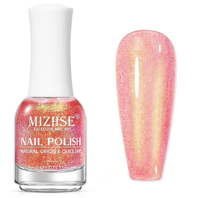 MIZHSE Nail Polish Air Dry Fast, Holographic Neon Orange Nail Polish Quick Dry, 15ml/0.5 fl oz Regular Shiny Shimmer Oil-based Glitter Nail Lacquer Non Gel Full Coverage Nail Art Manicure Home