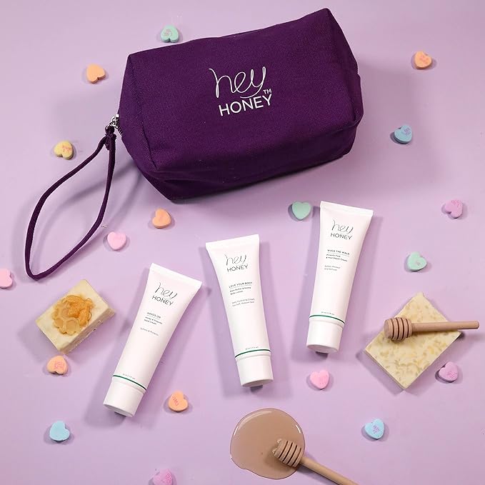 Hey Honey 4pc Set: Love Your Body Lotion, Walk The Walk Foot Cream, Hands On Honey Hand Cream, Eco Makeup Bag. Perfect for Valentine's, Xmas, Birthdays-VivaGrace Women