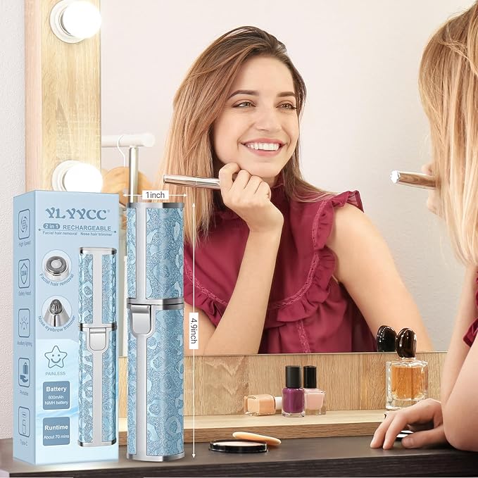 Facial Hair Remover for Face Lip, Electric 2 in 1 Face Shaver and Eyebrow Trimmer, Rechargeable Blue Nose Hair Trimmer for Women with Built-in LED Light-VivaGrace Women