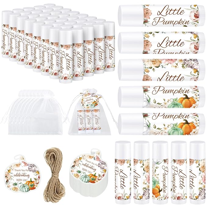 Demissle 50 Pcs Baby Shower Lip Balm Gift Set with 100 Pcs Organza Bags Baby Shower Party Favor for Guest Thank You Tag Rope Baby Shower Party Decoration Gender Reveal Souvenirs (Pumpkin and Flowers)-VivaGrace Women