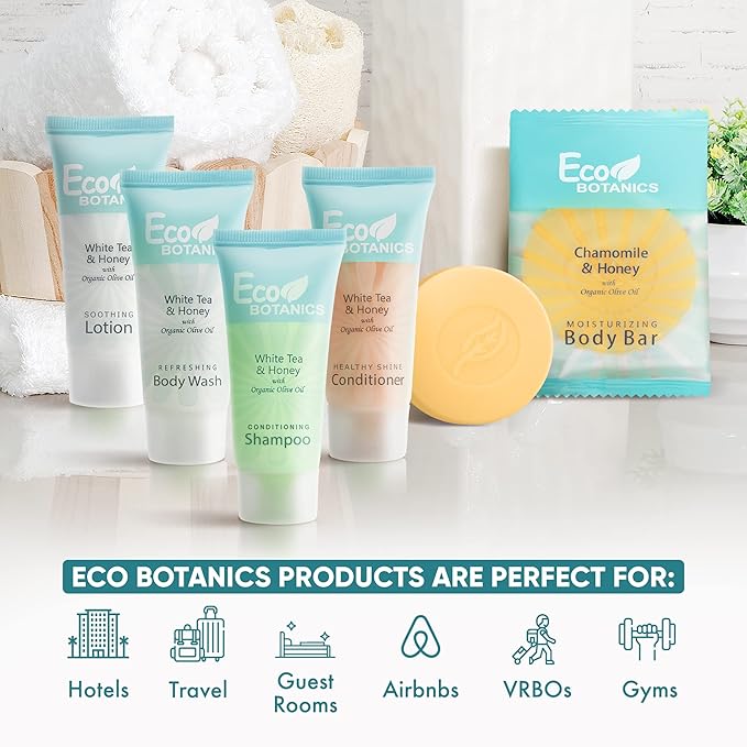Eco Botanics Hotel Soaps & Toiletries Bulk Set | 0.85oz Hotel Shampoo & Conditioner, Body Wash, Body Lotion & Bar Soap Travel Size | 300 Pieces-VivaGrace Women