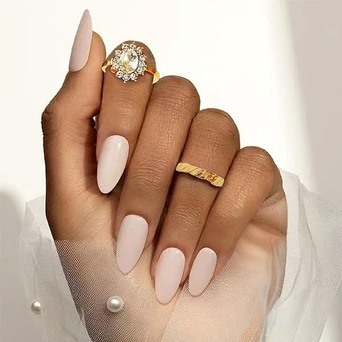 Medium Press on Nails Almond Shaped Fake Nails with Pure Color Designs Apricot Pink Glue on Nails Glossy Full Cover False Nails for Women and Girls