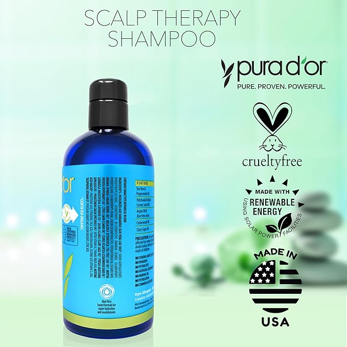 PURA D'OR Therapy Shampoo (16oz) Hydrates & Nourishes - Scalp Care Shampoo For Itchy Flaky Scalp w/ Tea Tree, Peppermint, Patchouli, Cedarwood, Clary Sage, Argan Oil (Packaging may vary)-VivaGrace Women