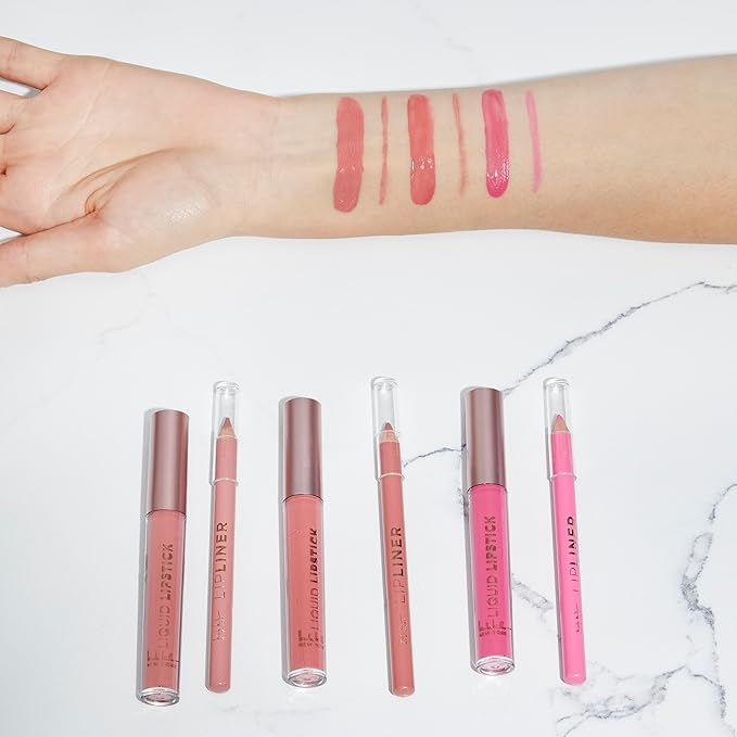 Nicole Miller Rosy Nudes Lip Collection | 6 Piece Set | 3 Luxurious Lip Liners & 3 Liquid Lip Sticks in Light Rose, Rosy Mauve, and Deep Peach-VivaGrace Women