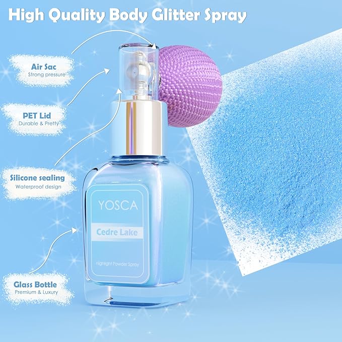 Yosca Highlighter Powder Spray, 20ML Cosmetic Grade Shimmer Powder Blue Glitter Spray Sparkle Highlighter Makeup Festival Concert Accessorise for Rave Clothes Hair Face Nail Art - Cedre Lake-VivaGrace Women
