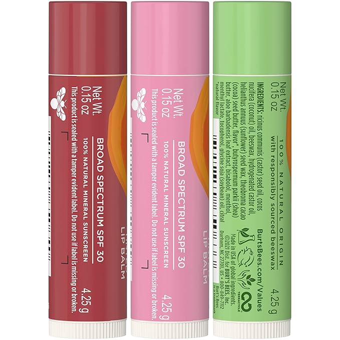 Burt's Bees Sun Care Lip Balm Pack, SPF 30 Tinted Lip Balm, After Sun Lip Balm, Water-Resistant Lip Moisturizer, Wild Peony, Sienna Rose, Natural Origin Lip Care, 3 Tubes, 0.15 oz.-VivaGrace Women