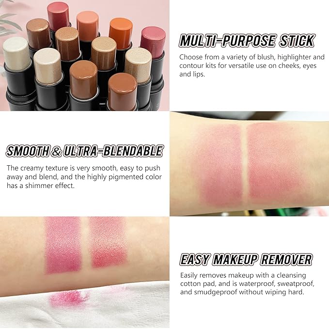 2 Pcs Cream Blush Stick Makeup Kit, Natural Shimmer & Matte Stick Blush Wand for Cheeks, Lightweight Blendable Silky Cream Blush Makeup -Shimmer Blush (#01 Shimmer Pink #04 Shimmer Fuchsia)-VivaGrace Women