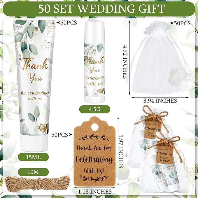 200 Pcs Baby Shower Wedding Party Favors Gift Set, 50 Pcs Baby Shower Hand Cream and 50 Lip Balm for Wedding Bridesmaid Guests Gift Supplies with 50 Organza Bag 50 Thank You Tag(Eucalyptus)-VivaGrace Women