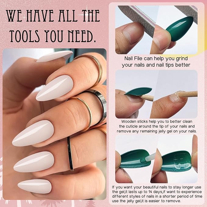 LoveOurHome 240pc Almond Press on Nails Medium Colored Fake Nail Tips Full Cover Artificial Fingernail French Stiletto Manicure with Adhesive Tabs for Women Girls Kids