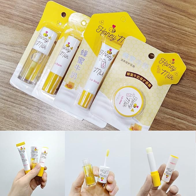 4 Piece Honey Milk Lip Mask Lip Balm Lip Scrub Lip Oil Lip Care Kit, Moisturizing & Nourishing Dry and Cracked Lips, Overnight Sleeping Lip Exfoliator Lip Moisturizer Lip Repair-VivaGrace Women