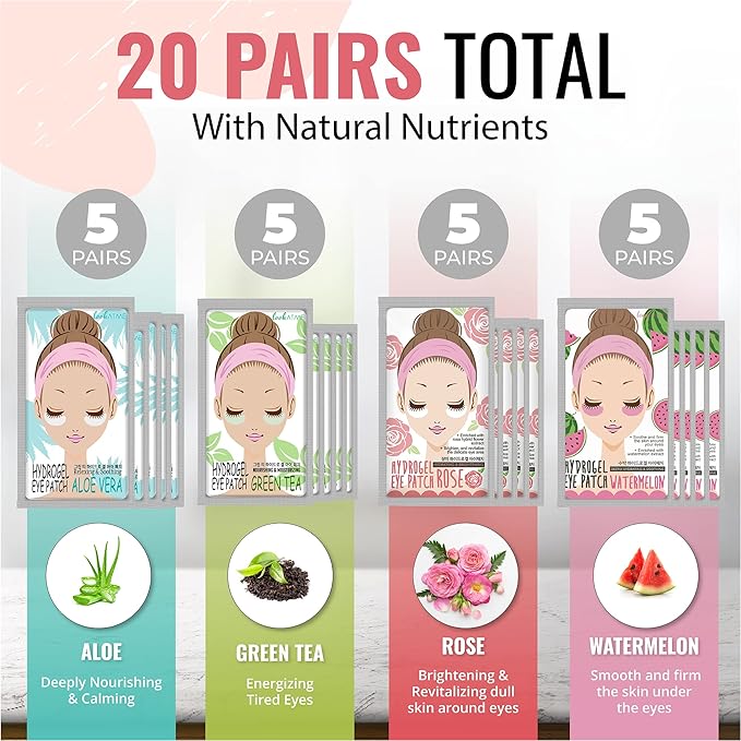 Eye Mask for Puffiness - Under Eye Patches for Dark Circles - Korean Under Eye Mask Patches for Puffy Eyes - Eye Gel Pads Depuffing Eye Brightener, Caffeine, Hydrogel & Collagen (20 Pairs)-VivaGrace Women