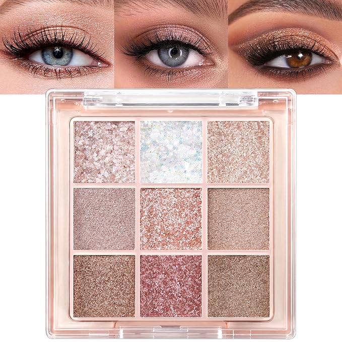 Erinde 9 Colors Eyeshadow Palette, Matte Shimmer Glitter Eye Shadow Palette Makeup, Highly Pigmented Long Lasting Waterproof, Natural Neutral Nude Eyeshadow Makeup Pallet, Diamond Snowflake