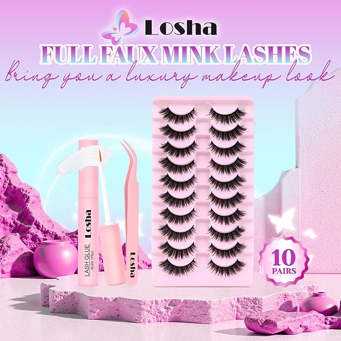 Losha Lashes Fluffy False Eyelashes 10 Pairs Spiky Cat Eye Lashes Kit with Lash Glue and Lash Tweezers 3D Volume Fake Eyelashes Soft Faux Mink Lashes Pack (Bold)-VivaGrace Women