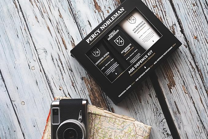 Percy Nobleman Age Defence Kit, a men's skincare set containing Charcoal Face Scrub (with Natural AHAs), ultra-hydrating Facial Serum (with Hyaluronic Acid), and Moisturiser (with Vitamin C)-VivaGrace Women