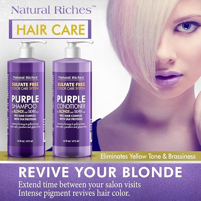 Natural Riches Purple Shampoo and Conditioner Set Sulfate Free Salon Grade for Silver Blonde Platinum Hair. Removes Yellow & Brass tones. Grey Highlighted Hair 16x2 fl oz-VivaGrace Women