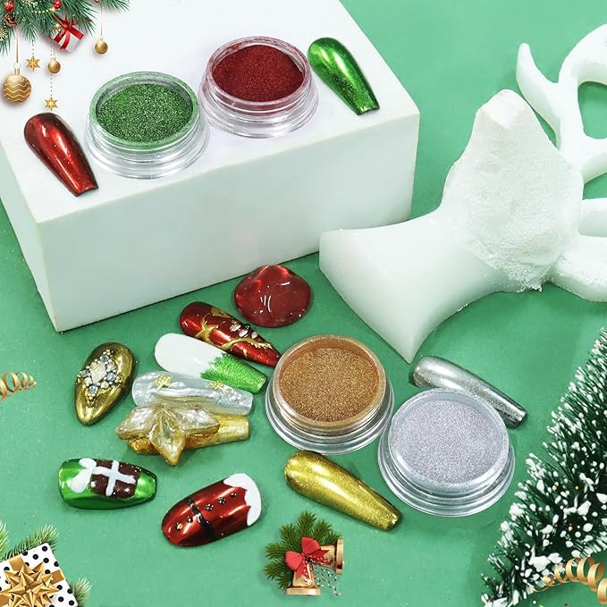 Allstarry Chrome Nail Powder 4 Colors Metallic Mirror Effect Pigment Chrome Iridescent Nail Glitter Magic Unicorn Glitter Dust Kit for Gel Polish Nail Art Decoration Resin Craft, Festivals-VivaGrace Women