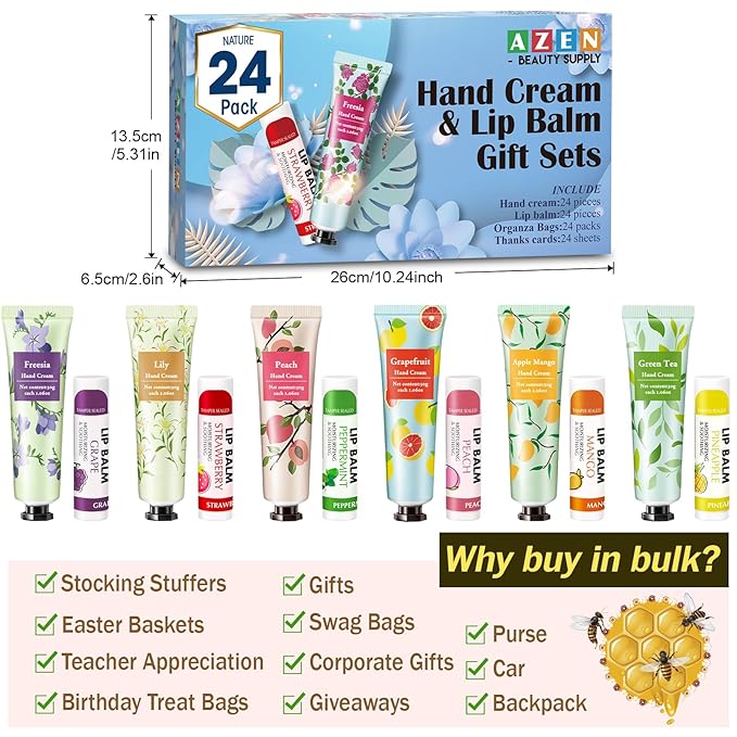 AZEN 24 Sets Hand Cream Bulk and Lip Balm Bulk Set, Bridal Shower Gifts for Guests, Thank You Gifts for Coworkers Women Men with Organza Bag Thank You Card, Bridal Wedding Favors for Guests-VivaGrace Women