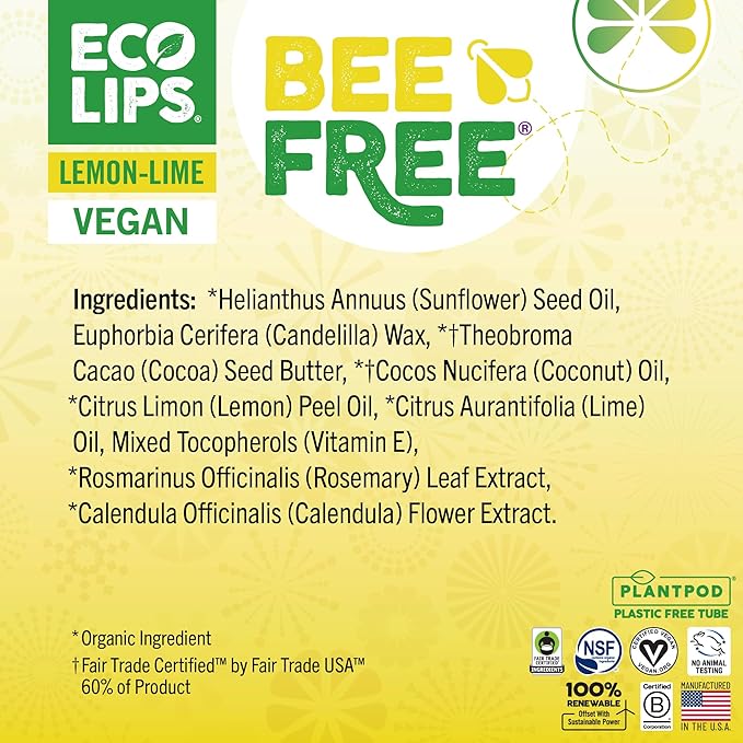 Vegan Lip Balm Lemon Lime Flavor 3 Pack - Bee Free with Candelilla Wax, Cocoa Butter & Coconut Oil Lip Care. Soothe & Moisturize Dry, Chapped Lips - 100% Plastic-Free Plant Pod Packaging - Made in USA-VivaGrace Women