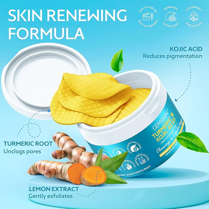 Turmeric Kojic Acid Cleansing Pads - Brightening Dark Spot Remover, Deep Cleaning Pores & Exfoliating Vitamin C & Aloe Vera - Foaming Turmeric Face Scrub Pads For Skin Lightening - 60 Count