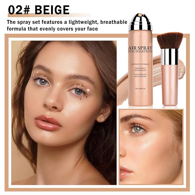NVLEPTAP Airbrush Foundation Makeup Spray Silky Lightweight Full Coverage Foundation Face Air Cushion Foundation Set with Soft Makeup Brush - 02 Beige-VivaGrace Women