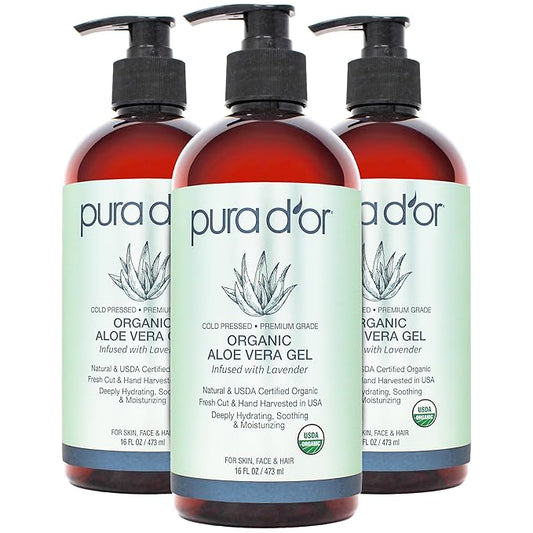PURA D'OR ORGANIC Aloe Vera Gel Lavender (16 Oz X 3) All Natural - ZERO Artificial Preservatives - Deeply Hydrating & Moisturizing - Sunburn, Bug Bites, Rashes, Small Cuts, Eczema Relief - Skin & Hair-VivaGrace Women