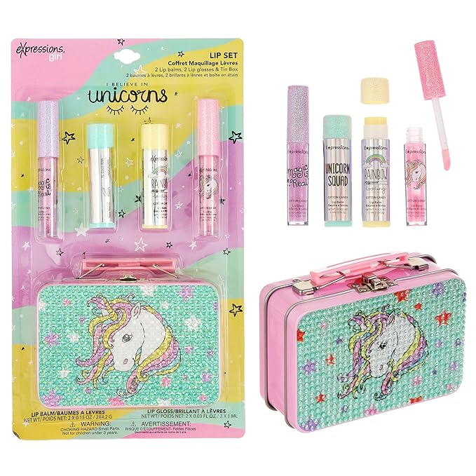 Expressions 5pc Cosmetics Lip Kit For Kids w/Lip Glosses, Lip Balms & Tin Box Storage Case I Believe in Unicorns Rhinestone,Washable + Non Toxic-VivaGrace Women