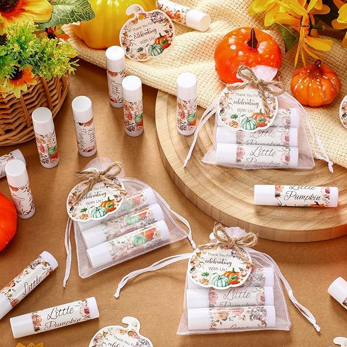 Demissle 50 Pcs Baby Shower Lip Balm Gift Set with 100 Pcs Organza Bags Baby Shower Party Favor for Guest Thank You Tag Rope Baby Shower Party Decoration Gender Reveal Souvenirs (Pumpkin and Flowers)-VivaGrace Women