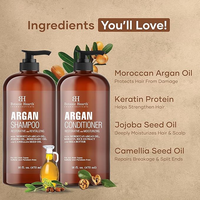 Botanic Hearth Argan Oil Shampoo And Conditioner Set | 16 Fl Oz Each With Keratin, Restorative & Moisturizing, Sulfate Free | All Hair Types & Color Treated Hair, Men And Women | (Packaging May Vary)-VivaGrace Women