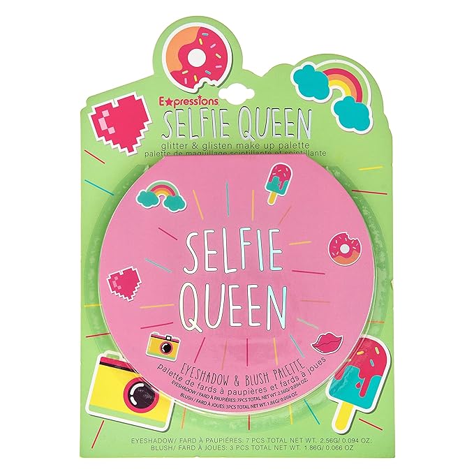 Expressions Selfie Queen Glisten & Glitter Makeup Palette 10 Color Eyeshadow Palette & Blush Makeup Novelty Beauty Set, Fold Out Compact with Mirror, Cute Makeup Kit Gifts - Washable, Non-Toxic-VivaGrace Women