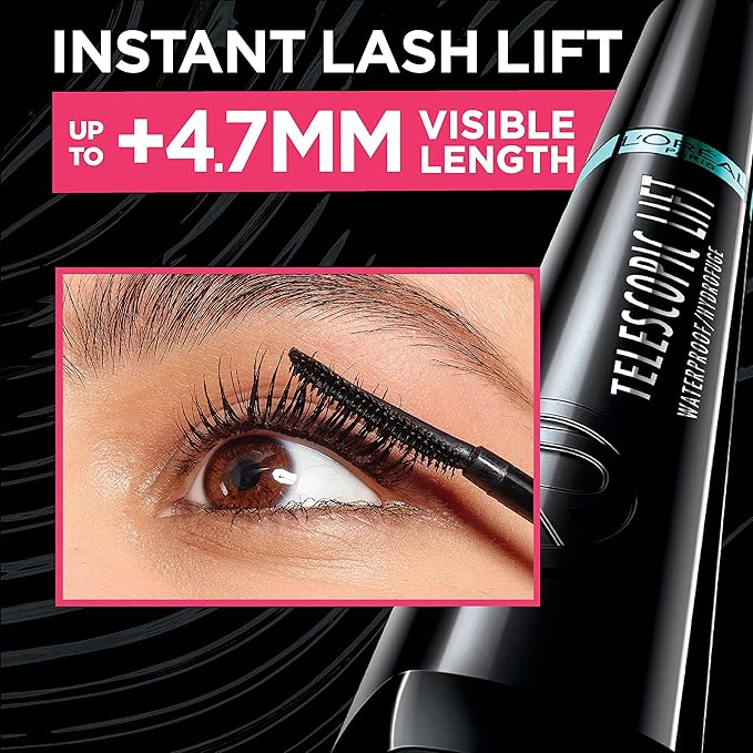L'Oreal Paris Telescopic Lift Mascara, Lengthening and Volumizing Eye Makeup, Lash Lift with Up to 36HR Wear, Waterproof, Black, 0.33 Fl Oz