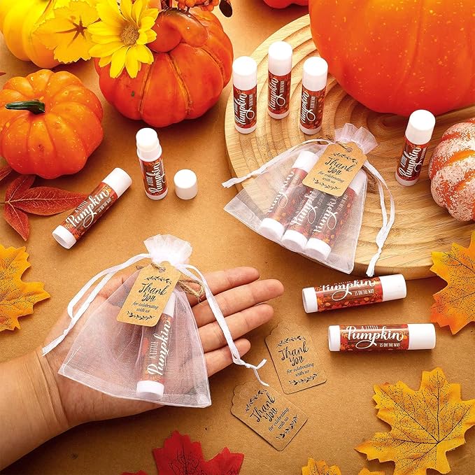 Demissle 50 Pcs Baby Shower Lip Balm Gift Set with 100 Pcs Organza Bags Baby Shower Party Favor for Guest Thank You Tag Rope Baby Shower Party Decoration Gender Reveal Souvenirs(Pumpkin)-VivaGrace Women