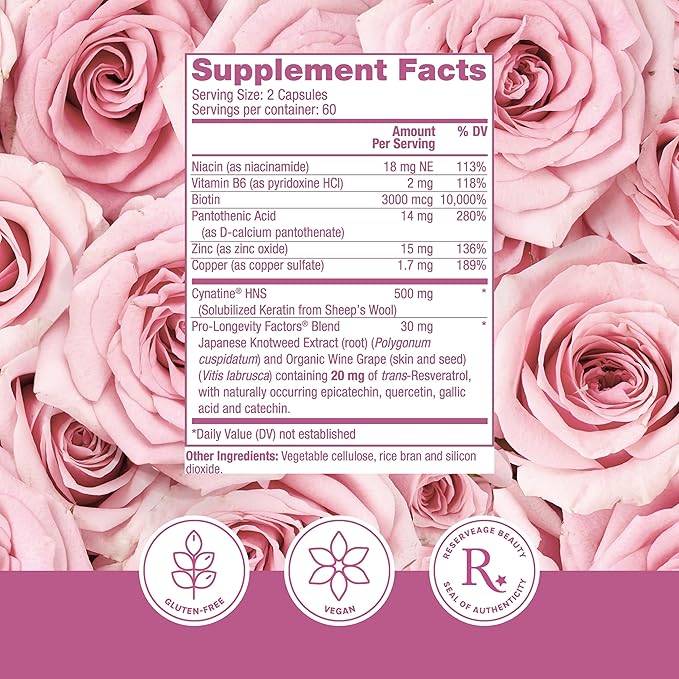 Reserveage Beauty, Keratin Hair Booster with Biotin & Resveratrol, Hair and Nail Growth Supplement for Men and Women, Supports Healthy Thickness and Shine with Biotin, 120 Capsules (60 Servings)-VivaGrace Women