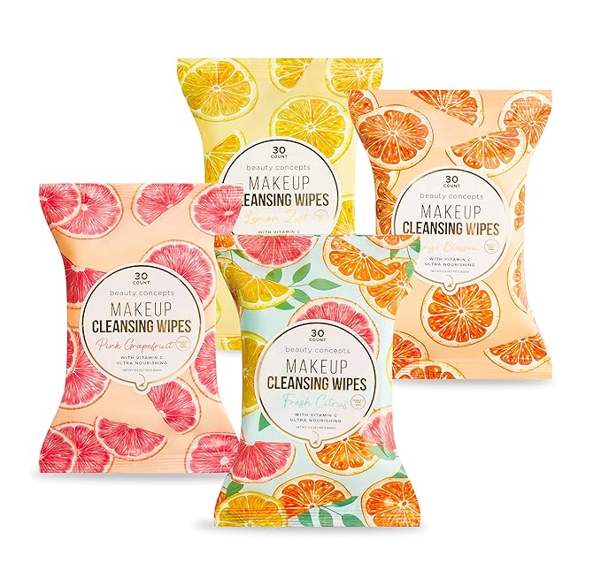 Beauty Concepts Facial Wipe Set - Packs of Face Wipes, Makeup Removing Wipes, Fresh Citrus, Pink Grapefruit, Lemon Zest, Orange